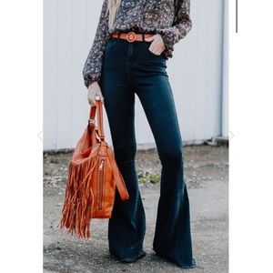 Dark Wash Boho High Rise Wide Flare Jeggings, XL